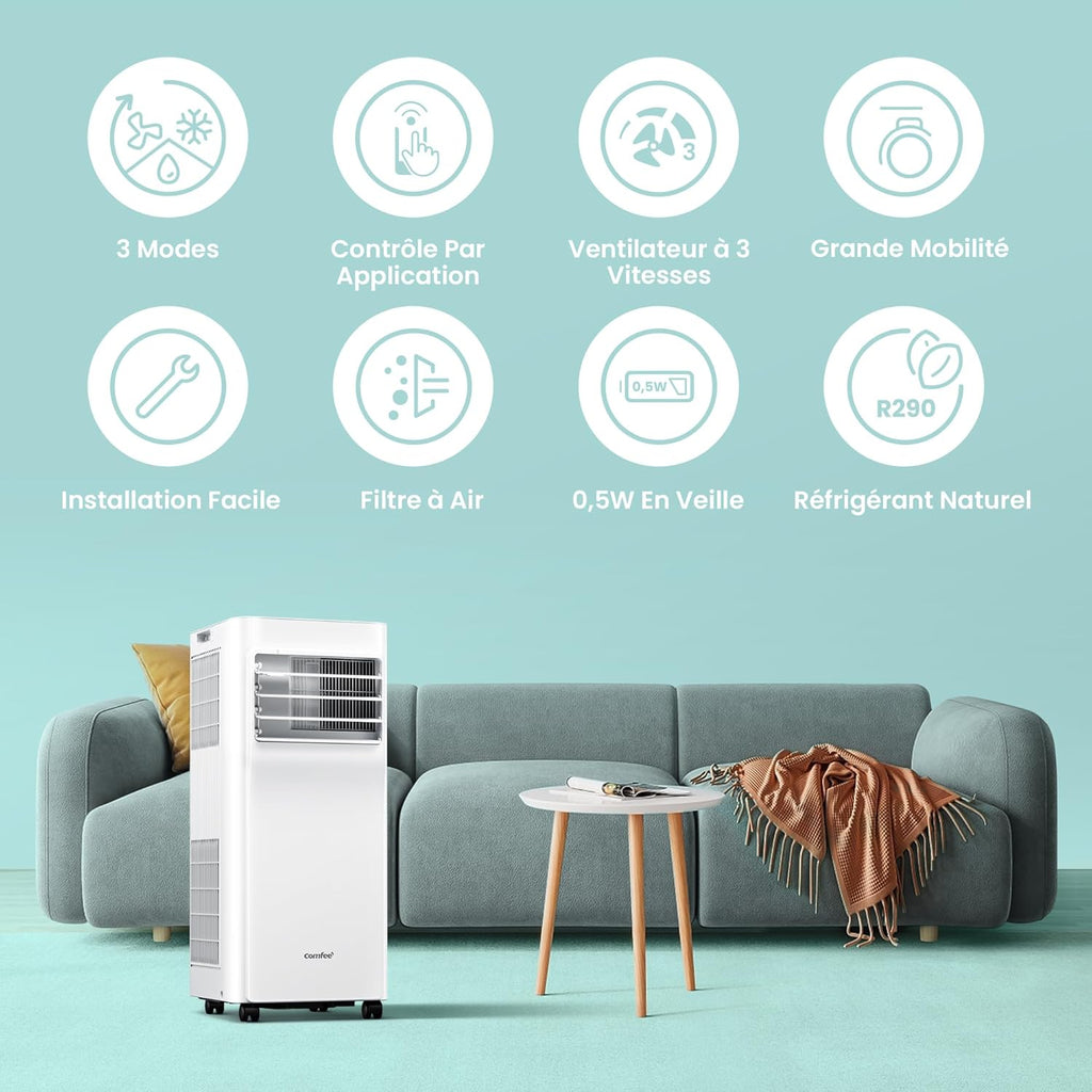 COMFEE' Climatiseur Mobile 9000 BTU/h 2,6kW, Contrôle APP, 3 Modes, 3 Vitesses de ventilation, Dimensions compactes, Pour pièces de 33㎡, Breezy Cool 2.6, Fonctionne avec Alexa