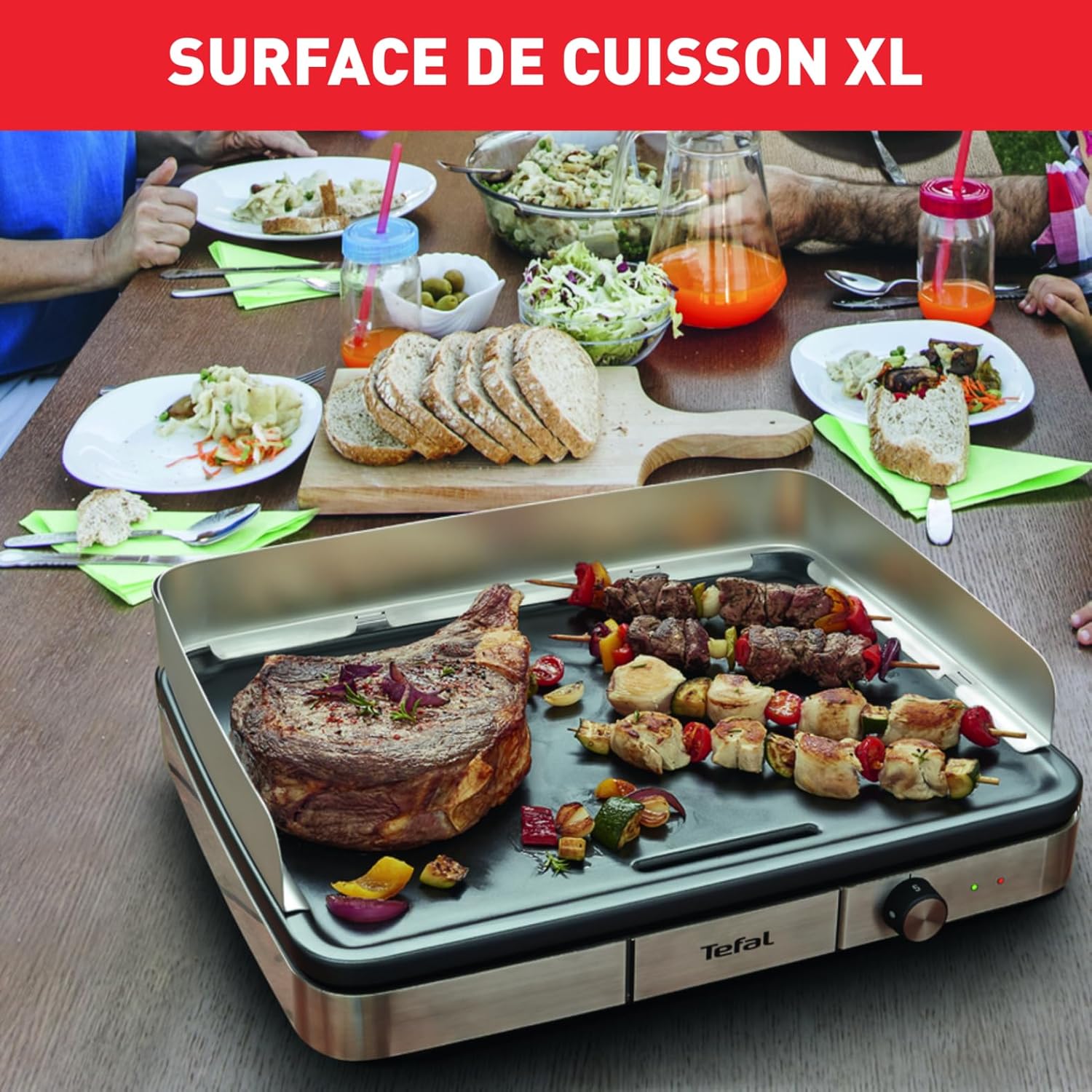 Tefal Maxi Plancha électrique extérieur et intérieur format XXL10/12 Personnes avec protection contre les éclaboussures et Thermostat réglable Inox CB690D12