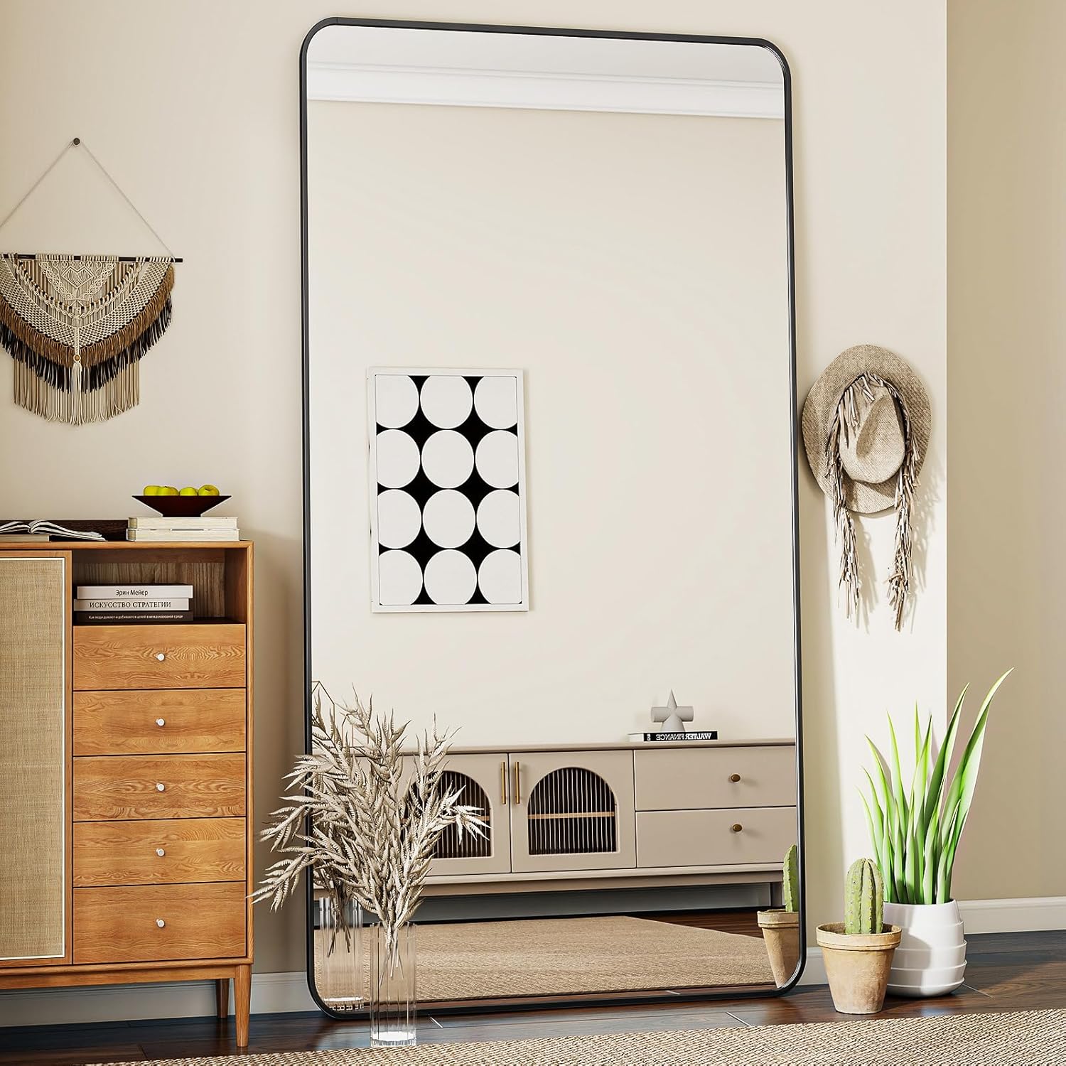 Koonmi miroir sur pied avec coins arrondis, 76 x 171 cm, grand miroir mural sur pied pour chambre à coucher et salon, noir