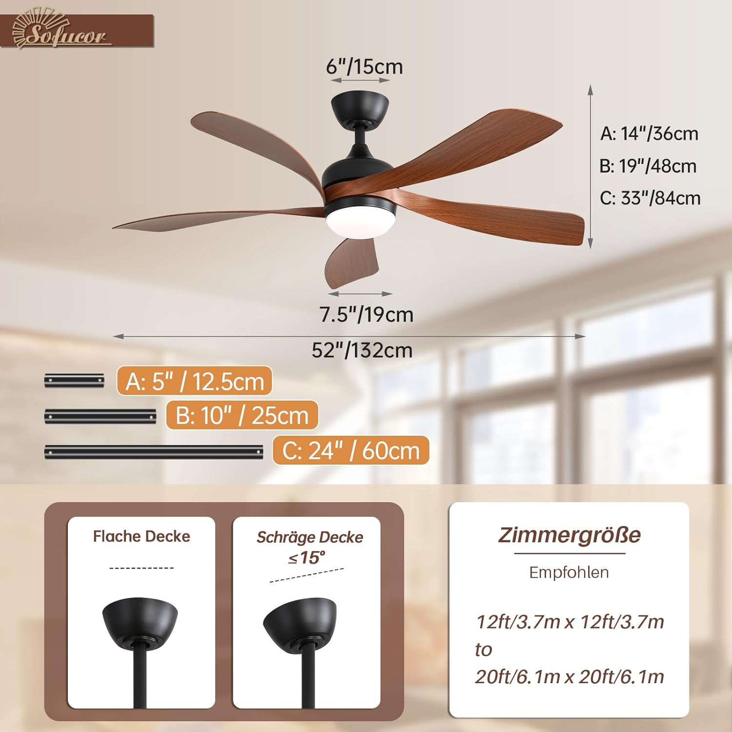 Sofucor Ventilateur Plafond avec Lumiere et Telecommande, 132 cm Dimmable Lampe Ventilateur Plafond LED, 6 Vitesses, DC Silencieux Réversibles, Minuterie, pour Chambre