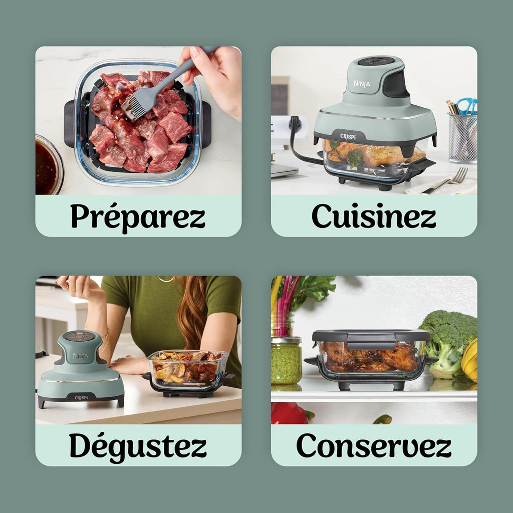 Ninja CRISPi Friteuse sans huile portable, 3,8L, 4-en-1 : Frire sans huile, Rôtir, Garder au chaud, Recroustiller, Design compact, 2 récipients avec couvercles, 1 700 W, Sauge FN101EUSG