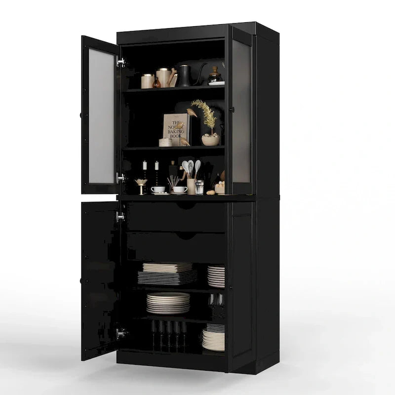 100% Solid Wood Pantry Cabinet with Frosted Glass Doors, Solid Doors, 2-Drawers and Adjustable Shelves