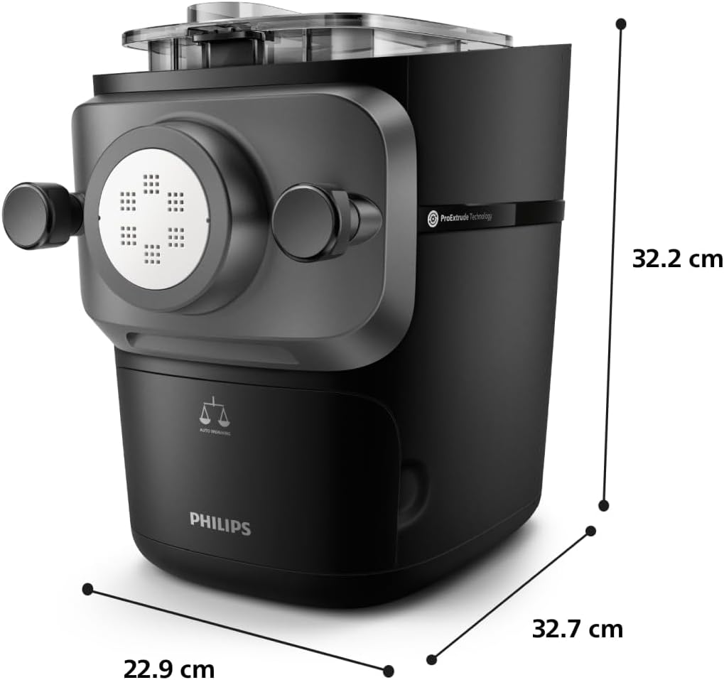 Philips Machine à Pâtes Série 7000 - Technologie ProExtrude, Pesée Automatique, 8 Disques de Forme, Pâte Parfaite, Nettoyage Facile, Jusqu'à 8 Portions, Noir (HR2665/93)