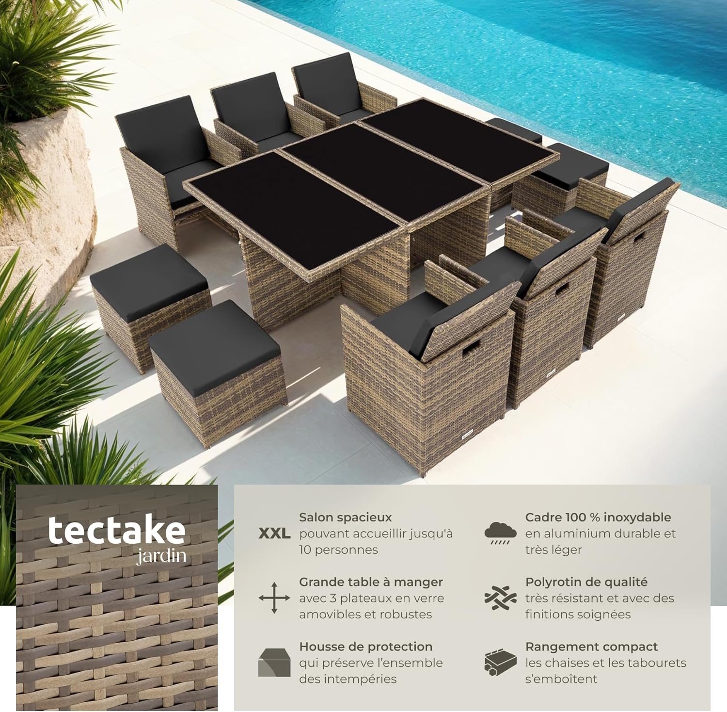 TecTake Salon de Jardin Exterieur en Résine Tressée Poly Rotin Salon de Jardin Table 10 Personnes Fauteuil Exterieur Encastrable Aluminium, 2 Sets de Housses + Housse de Protection – Marron Naturel