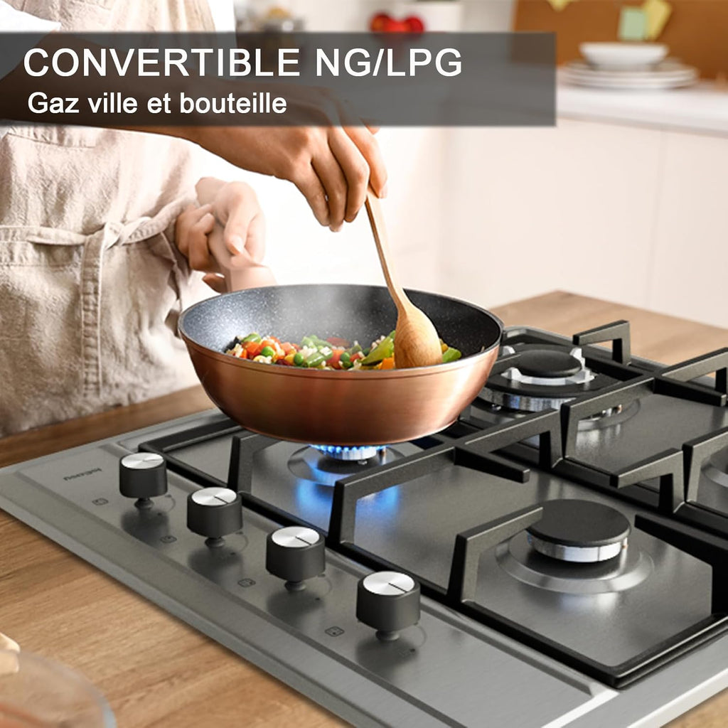 IsEasy Plaque Gaz 4 Feux Inox, Plaque de Cuisson Gaz 4 feux Encastrable, Table de cuisson 60cm, Gazs Ville et Bouteille