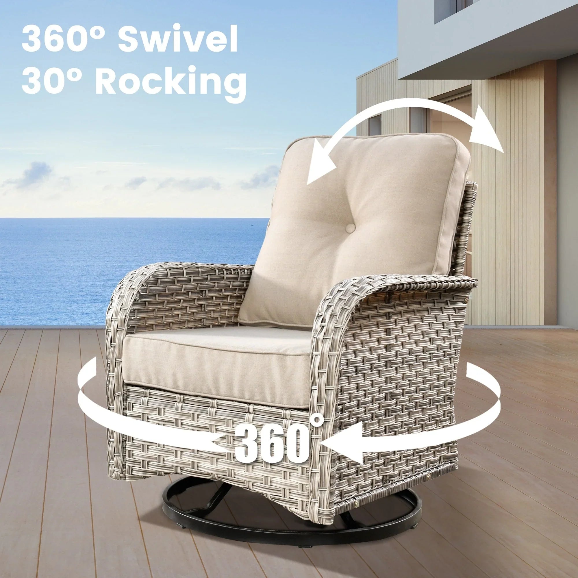 OVIOS 9 Pieces Outdoor Wicker Swivel Chair Set With Fire Table