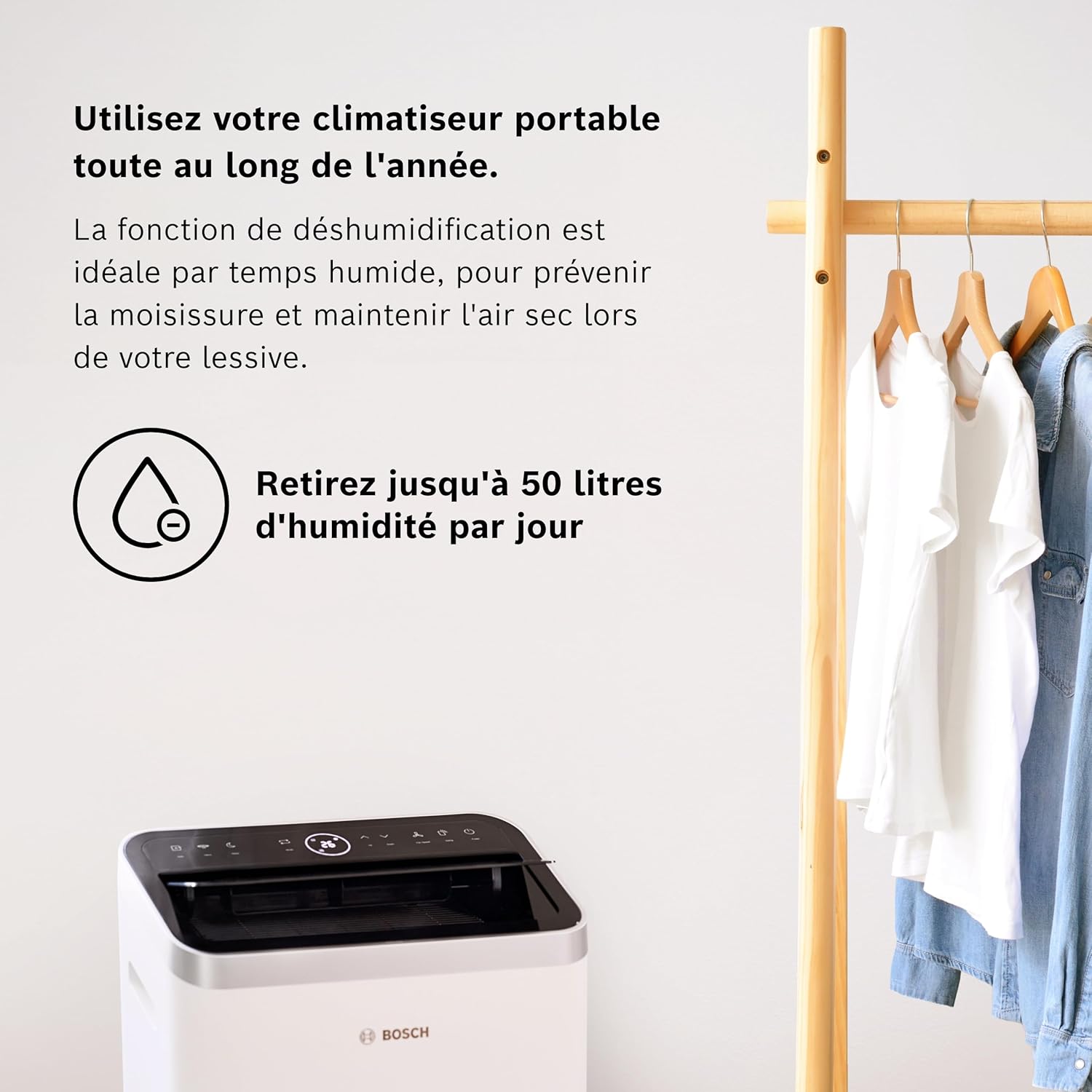 Bosch Cool 4000 Portable AC - 3 en 1 Climatiseur, Déshumidificateur, Ventilateur - 2,6 kW pour les pièces jusqu'à 35m² - Avec Mode Auto, Mode Silencieux et Mode Veille (48 db (A)) Classe A+]