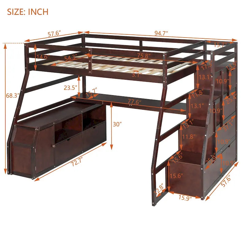 Full Pine Loft Bed with Desk and Storage