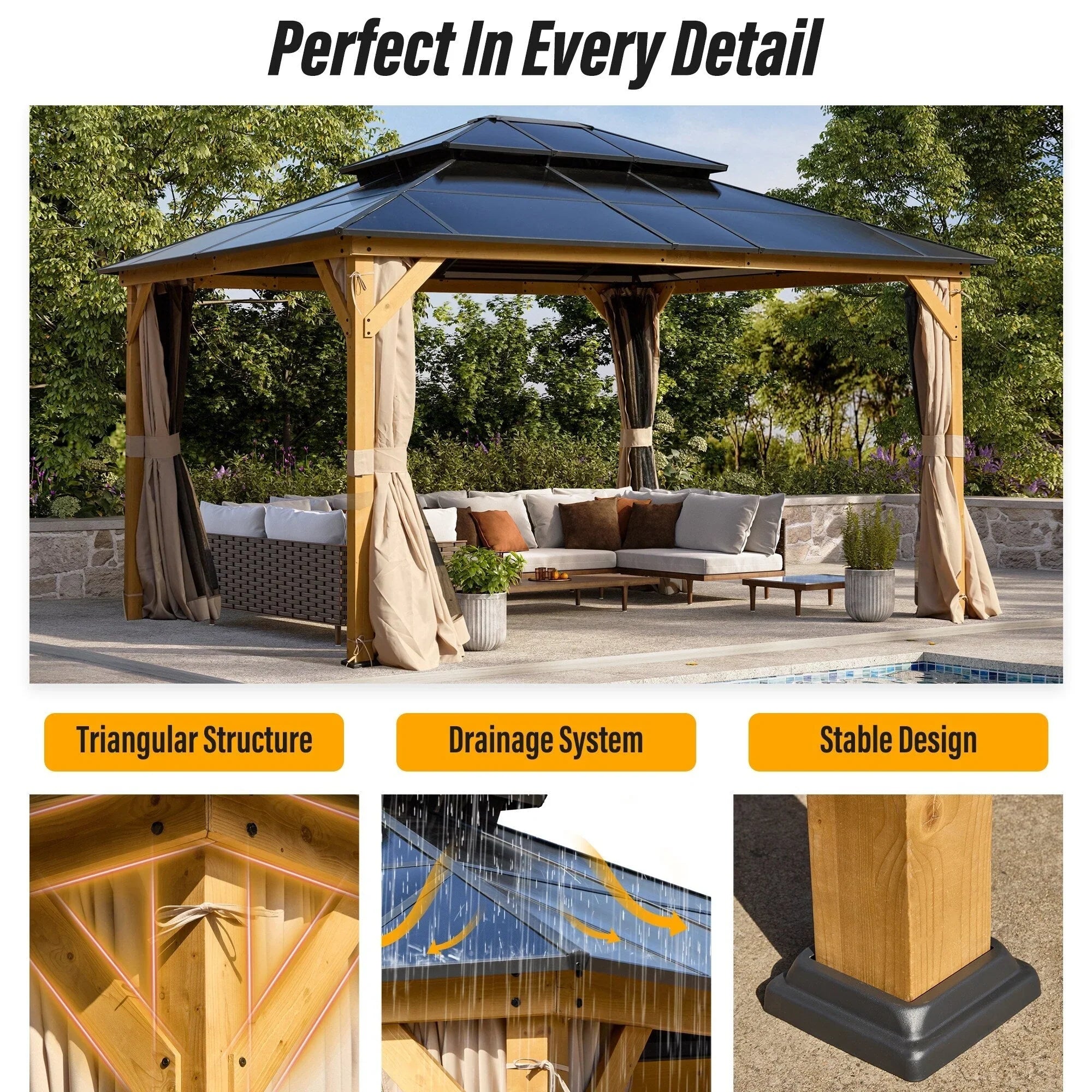 EROMMY Hardtop Gazebo,Outdoor Pergola with Double Roof & Netting & Curtains,Heavy Duty Canopy for Patio, Backyard, Pool party