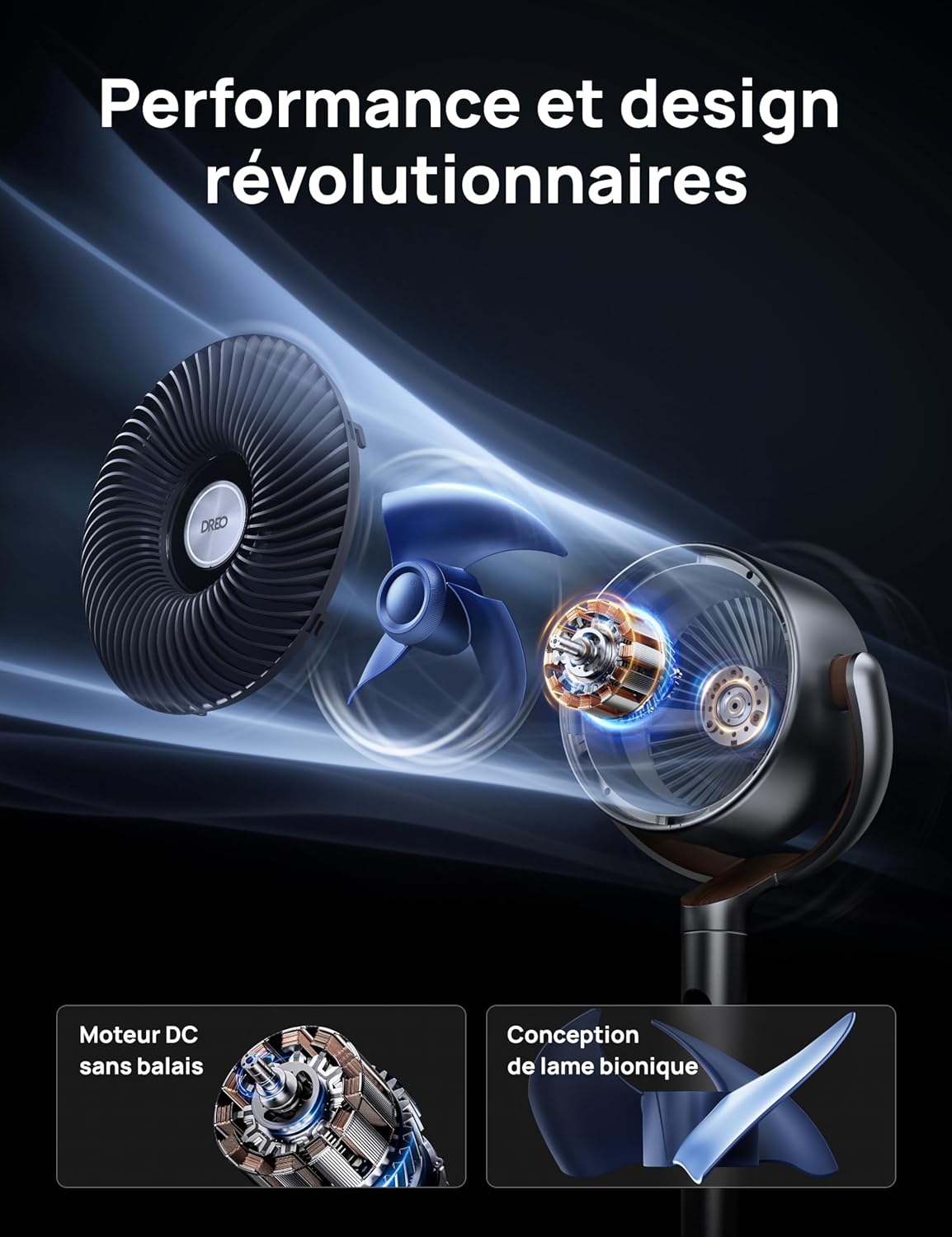 DREO 23dB ventilateur sur pied silencieux, portée de 24M, volume d'air 1200m³/h, turbo circulateur, hauteur de 102CM, 3 modes, 8 vitesses, oscillation omnidirectionnelle 120°+120°, PolyFan 502