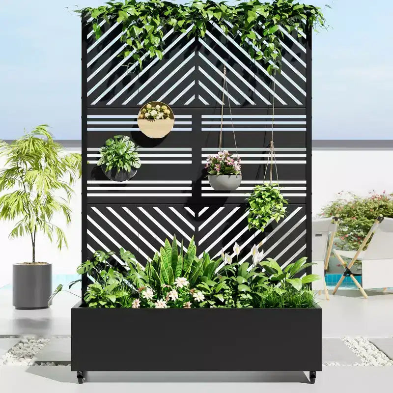 MAYEERTY Planter Box with Trellis Iron Black Parallel Line 01 Louvered Classic Combined Style 72x47x16in 3-Piece Set