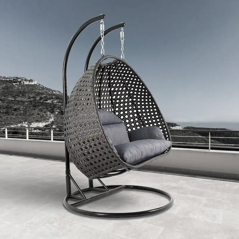 Egg-Shaped Hanging Swing Chair with Metal Stand, Wicker Frame & Cushion �C Beige / Charcoal Blue / White / Blue / Antique White / Brown / Canvas, Seats 2
