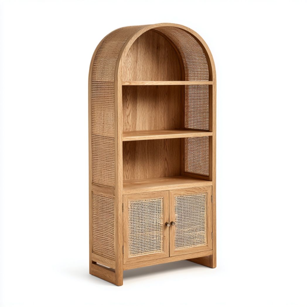 Étagère salle de bain bois naturel avec structure arquée, 3 étagères et armoire à 2 portes