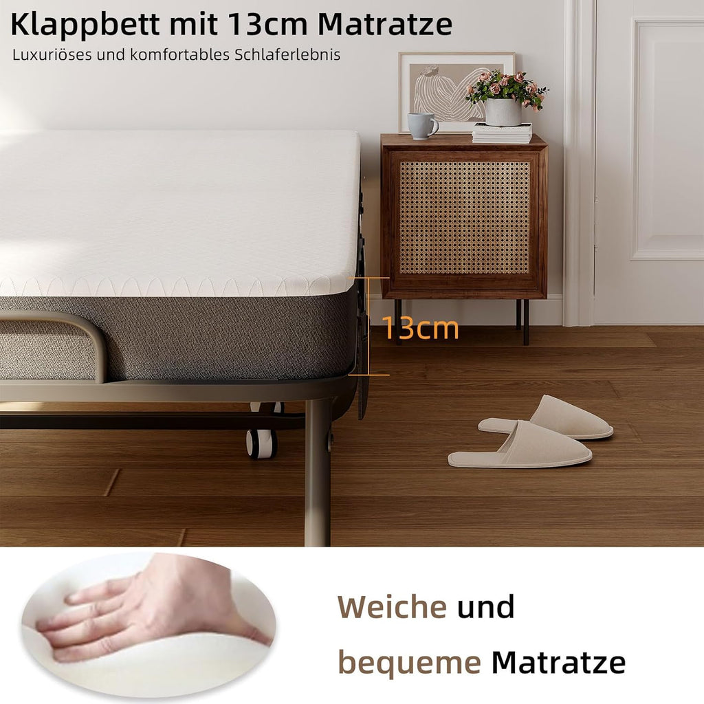 CAIYUN lit pliant 1 personne 80 × 190 cm avec matelas mousse 13 cm, sommier à lattes métal, 4 roulettes, charge 200 kg