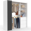 IDMarket - Dressing extensible MARTY 120/170 x 50 x 180 cm blanc avec 3 tiroirs + étagères + double penderie + rideau gris