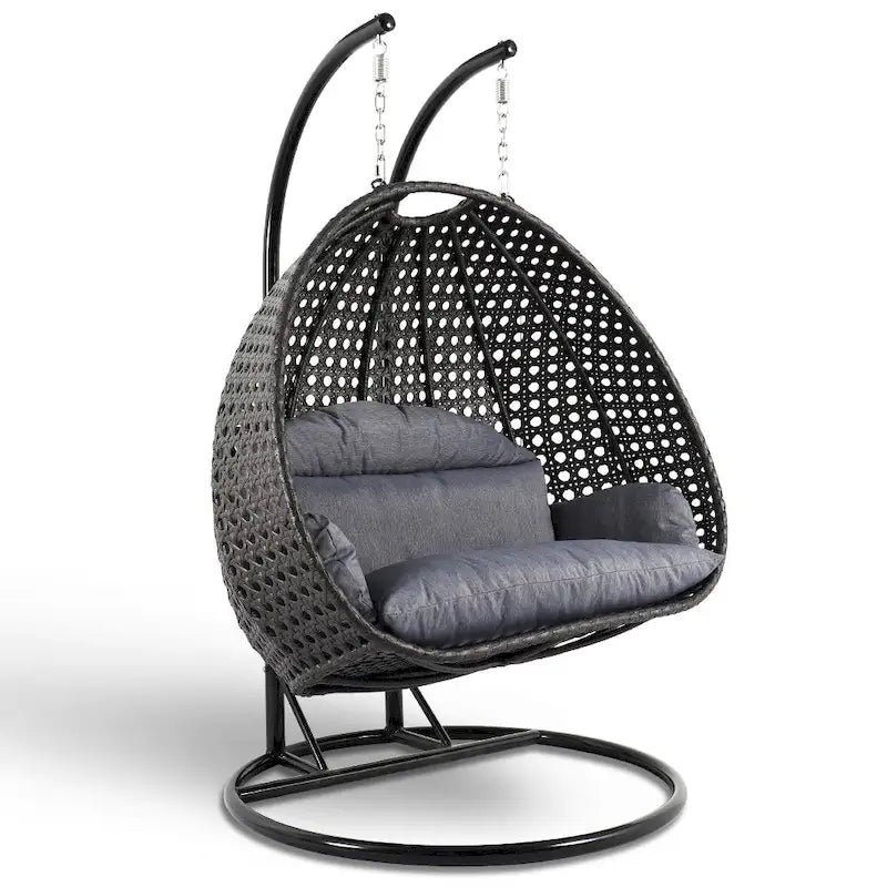 Egg-Shaped Hanging Swing Chair with Metal Stand, Wicker Frame & Cushion �C Beige / Charcoal Blue / White / Blue / Antique White / Brown / Canvas, Seats 2