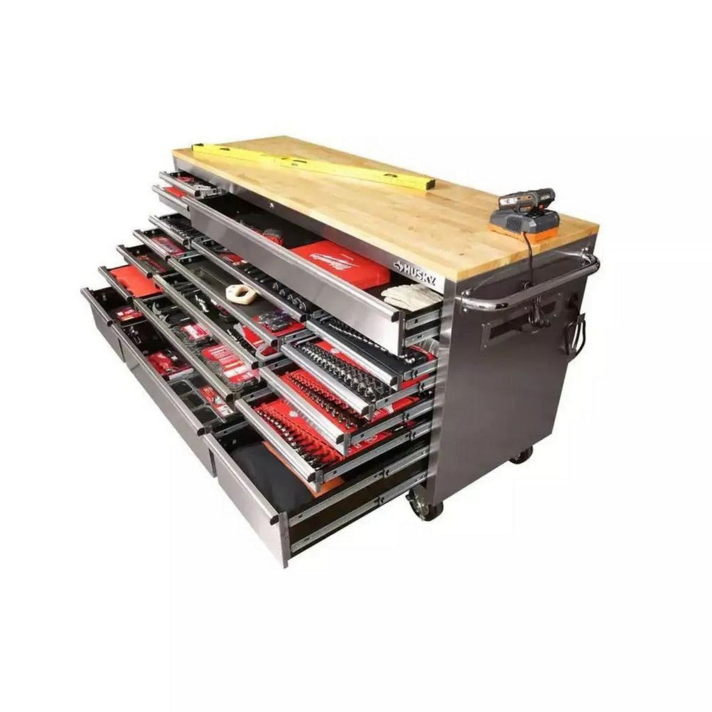 Établi mobile de 72 po, 18 tiroirs et 24 po de profondeur, en bois massif et acier inoxydable