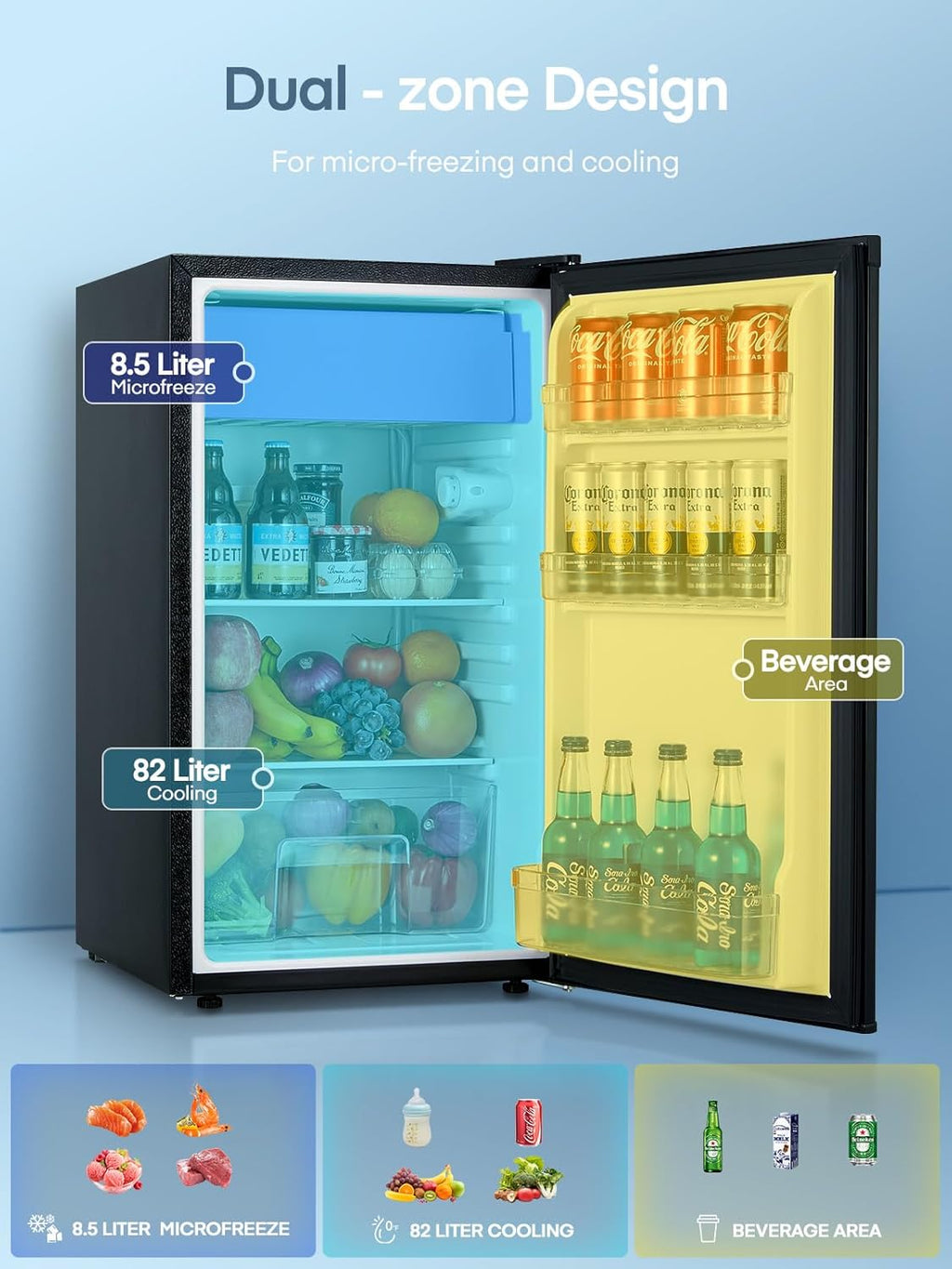 FOHERE Petit Frigo avec Congélateur de 91L, Réfrigérateur à une porte, Bac à Légumes, Thermostat Réglable, Silencieux, Petit Frigo de Bureau, Porte Réversible, Dortoir, Chambre, Noir