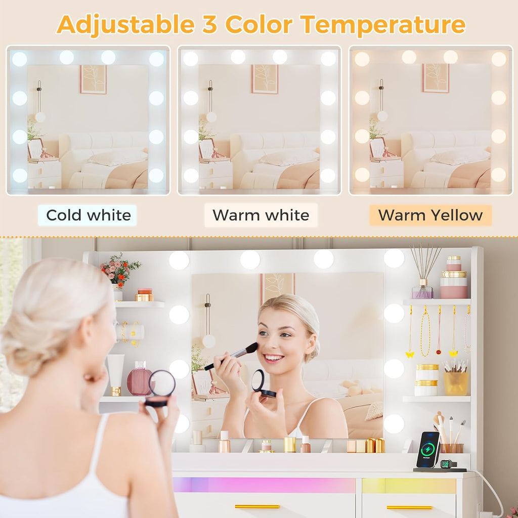 ANWBROAD coiffeuse blanche avec miroir et éclairage LED 3 couleurs, plateau en verre, 9 tiroirs RGB, 4 étagères, prise intégrée
