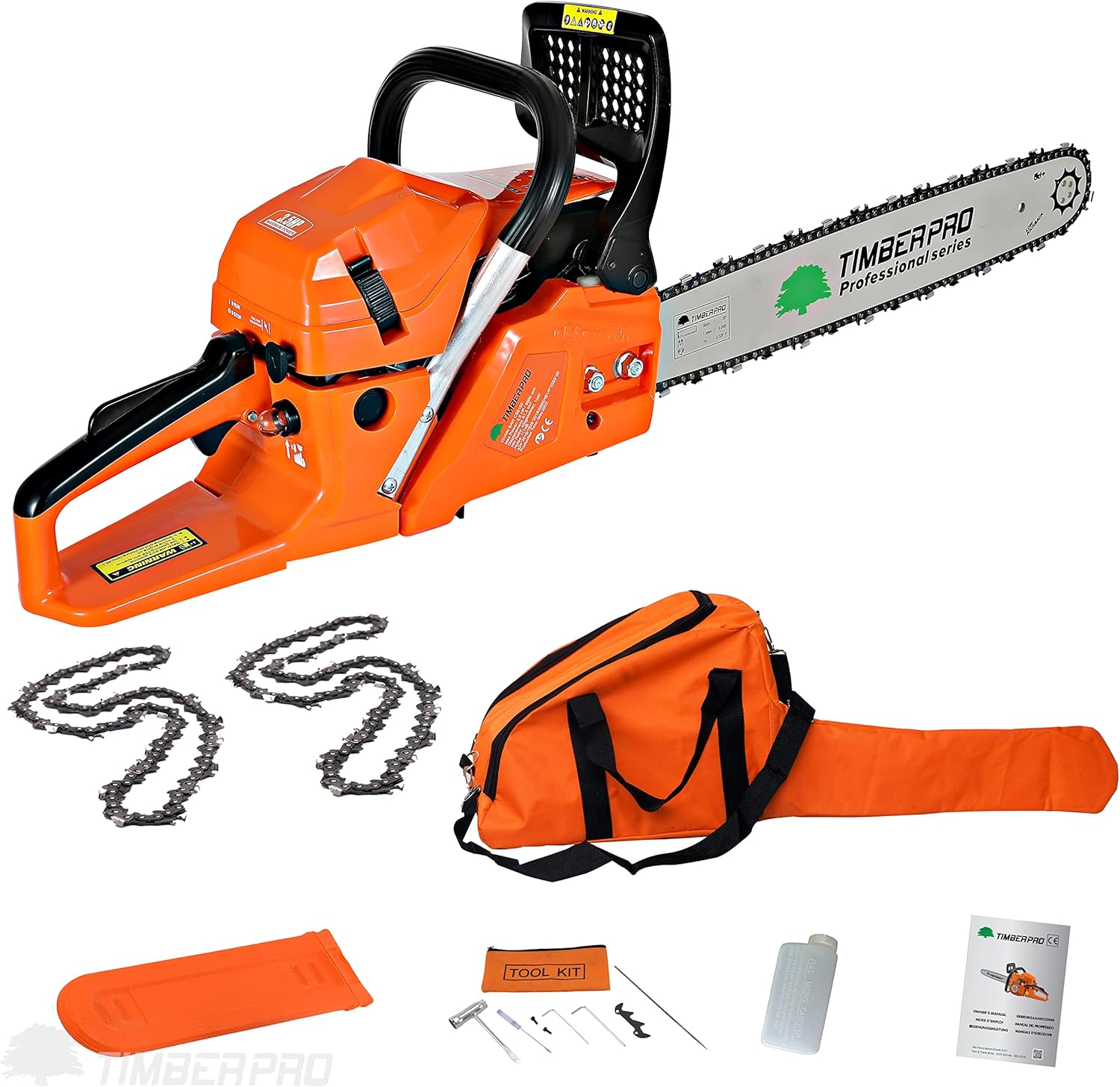 TRONÇONNEUSE THERMIQUE 61,5 CM³, PUISSANCE 3,6 CV, GUIDE 50 CM + 2 CHAINES