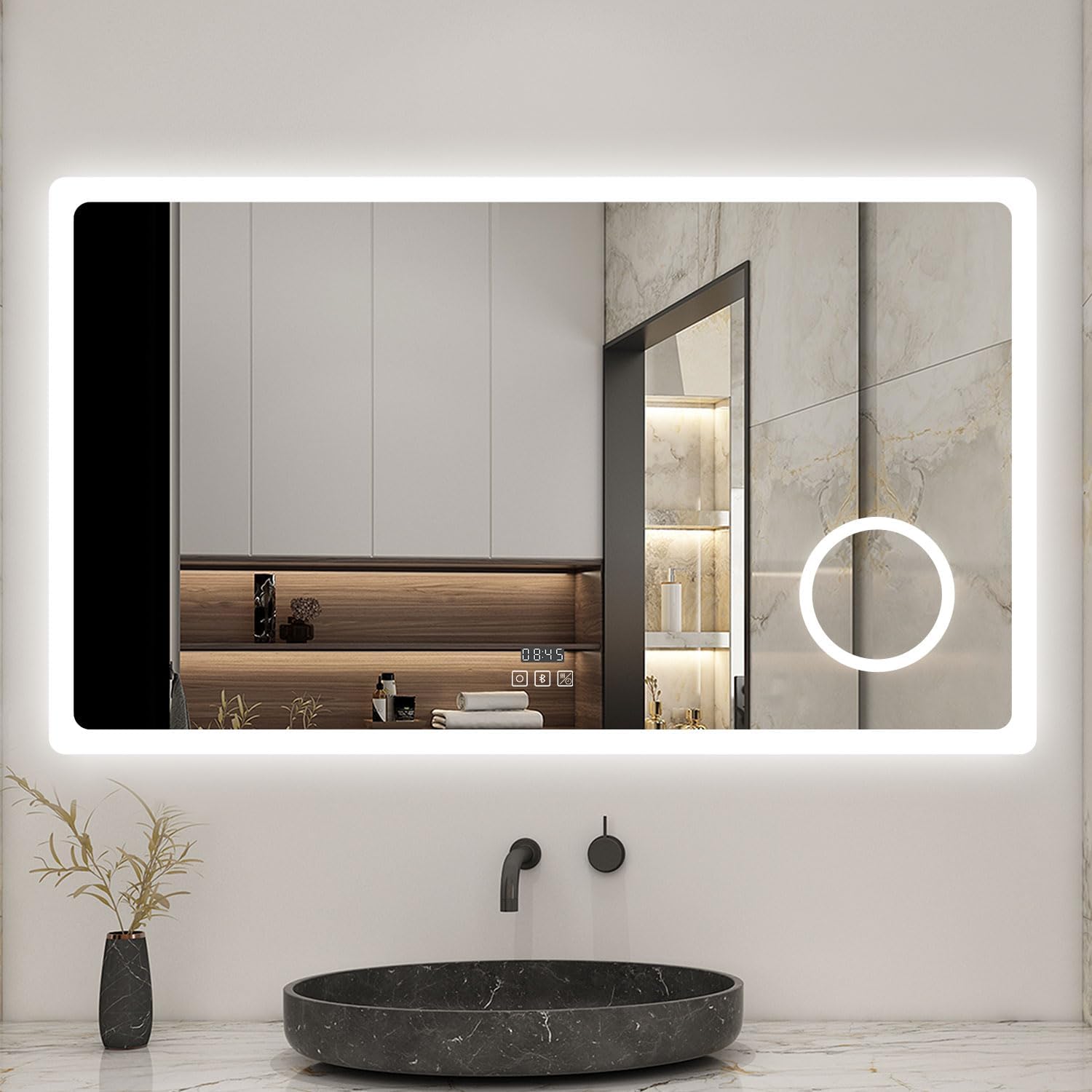 AICA Miroir Salle de Bain rectangulaire 120 x 70cm, Bluetooth + 3 Couleurs + dimmable + grossissant + Horloge + Anti-buée + mémoire, Miroir Lumineux