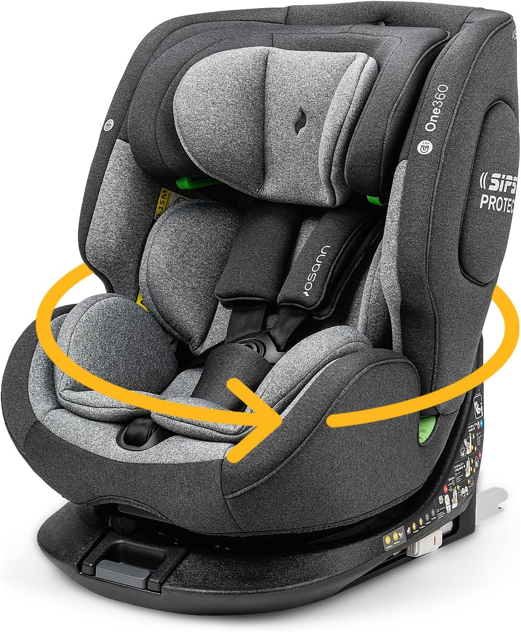 OSANN - Siège auto bébé/enfant One360 Rotatif 360° Isofix - 40-150 cm - 0 à 12 ans - Groupe 1/2/3 - Gris, Hauteurs 14 positions, Dos/Face à la route, Supports magnétiques pour sangles d'épaules