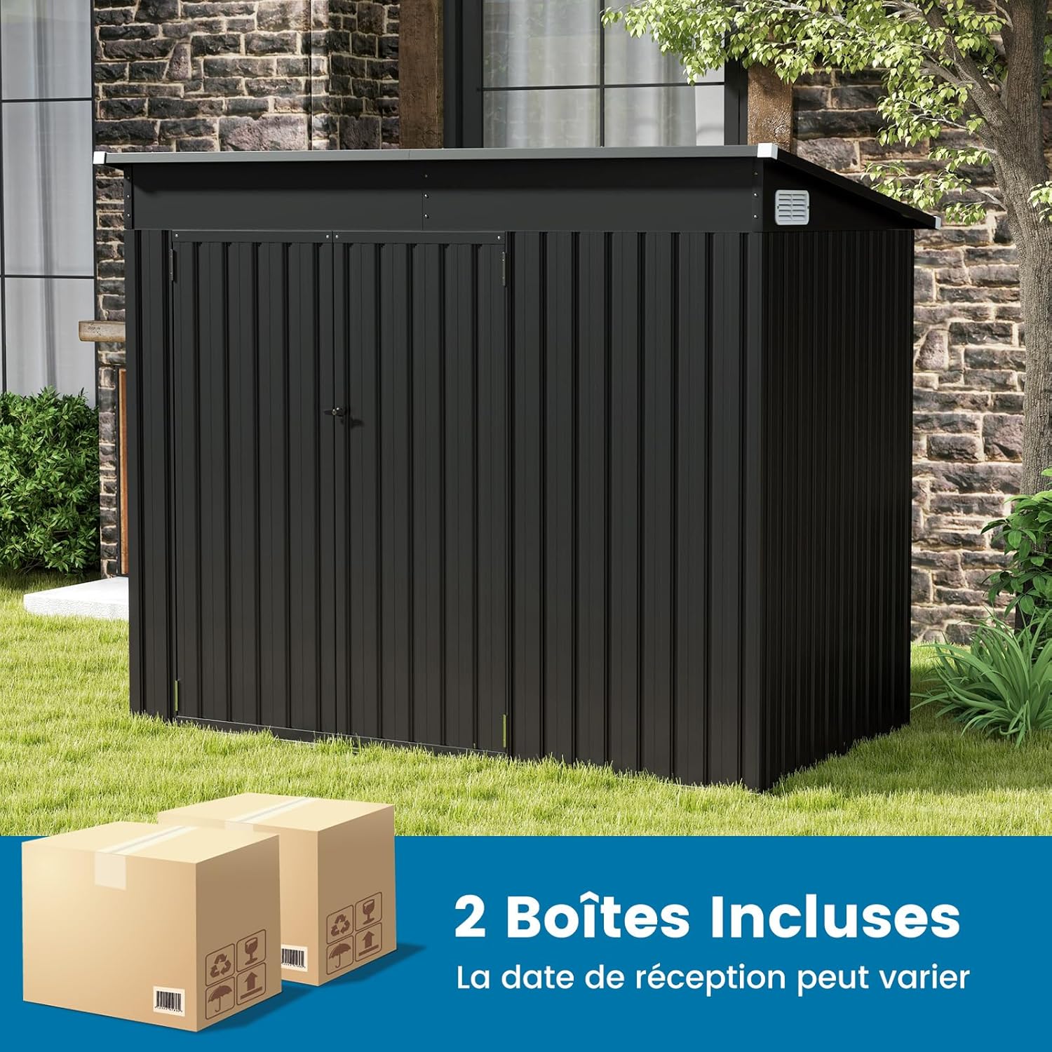 COSTWAY Abri de Jardin en Métal 2,6㎡, Cabane Jardin Exterieur en Acier Galvanisé 5,7 m³ avec Loquet, Porte avec serrure et clé, Toit en Pente, 4 Gants, 2 Trous d’Aérations, Abri Exterieur (Gris foncé)