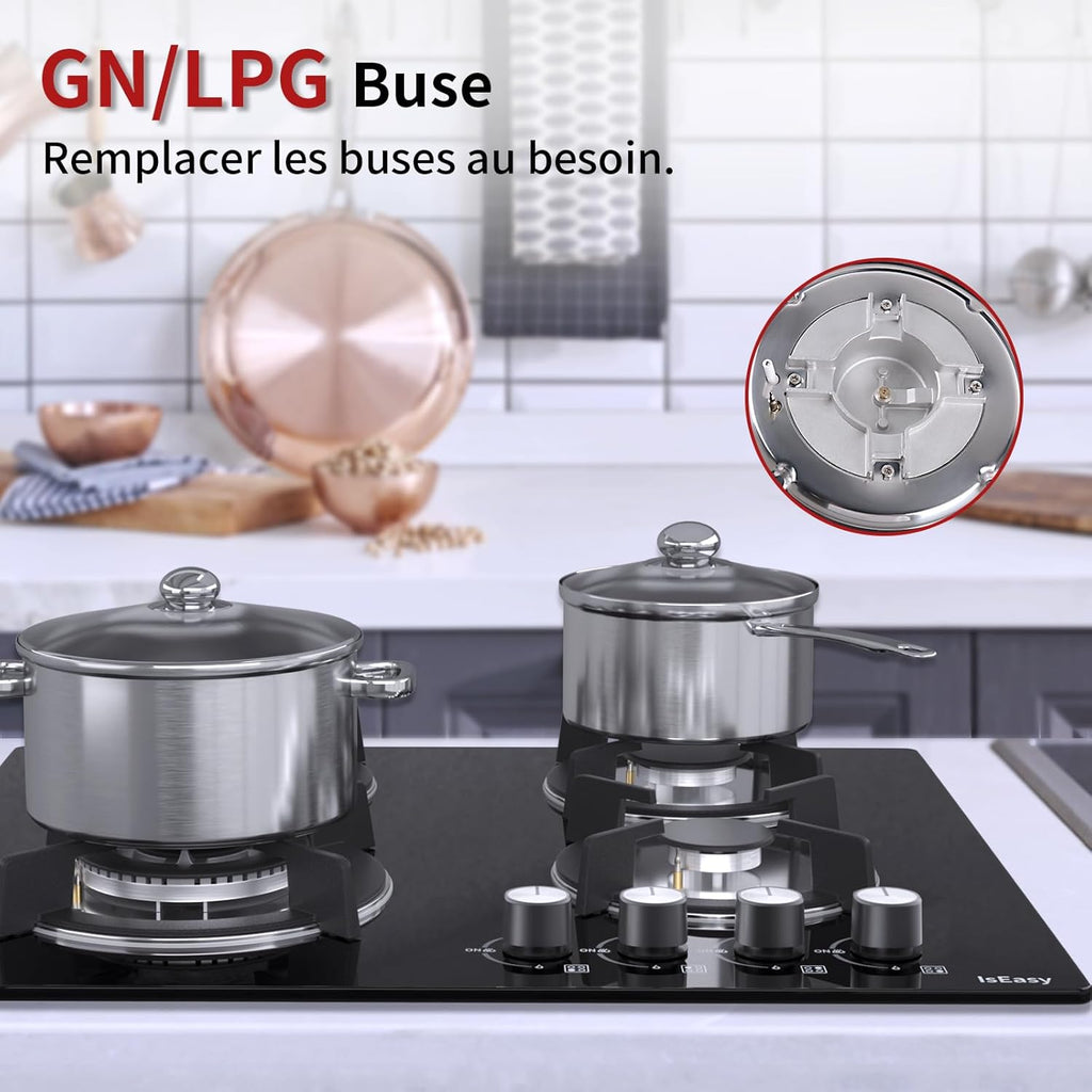 IsEasy Plaque Gaz 4 Feuxs Encastrable, Plaque de Cuisson Gaz 4 Feuxs Verre, Table Gazs 60cm, Gazs Bouteille et Ville, Avec buse NG/LPG