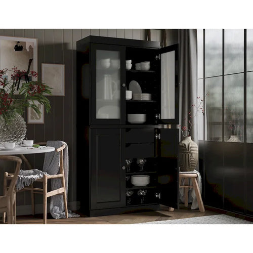 100% Solid Wood Pantry Cabinet with Frosted Glass Doors, Solid Doors, 2-Drawers and Adjustable Shelves