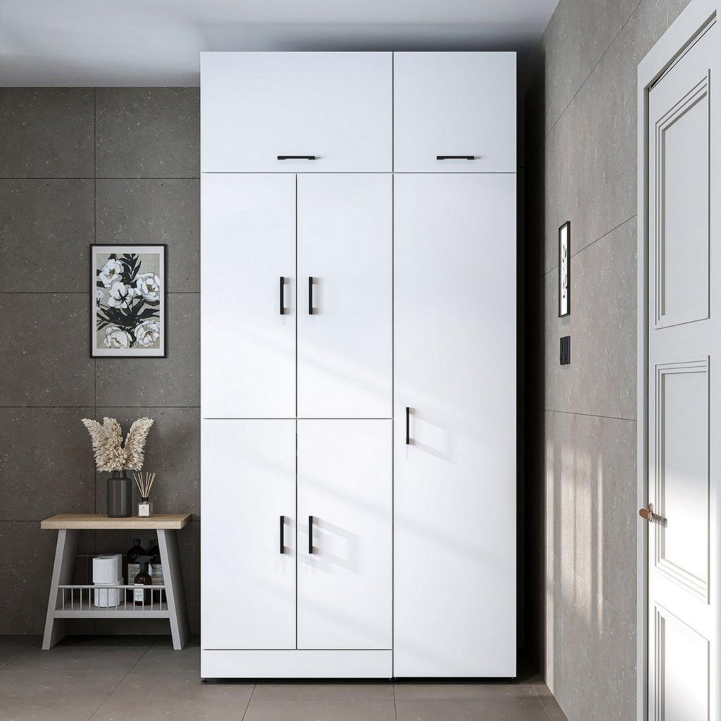 ROOMART Dora - Meuble pour machine à laver - Pour sèche-linge et machine à laver - En 4 couleurs - Avec portes et panneau coulissant - Blanc - Chêne blanc - Chêne anthracite - Chêne blanc (chêne blanc)