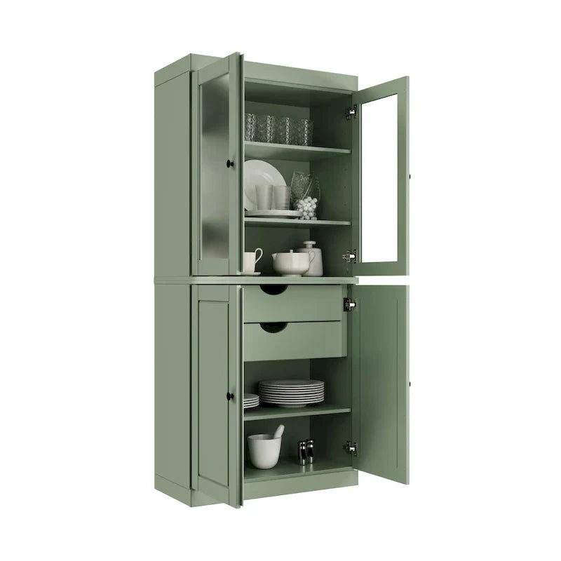 100% Solid Wood Pantry Cabinet with Frosted Glass Doors, Solid Doors, 2-Drawers and Adjustable Shelves