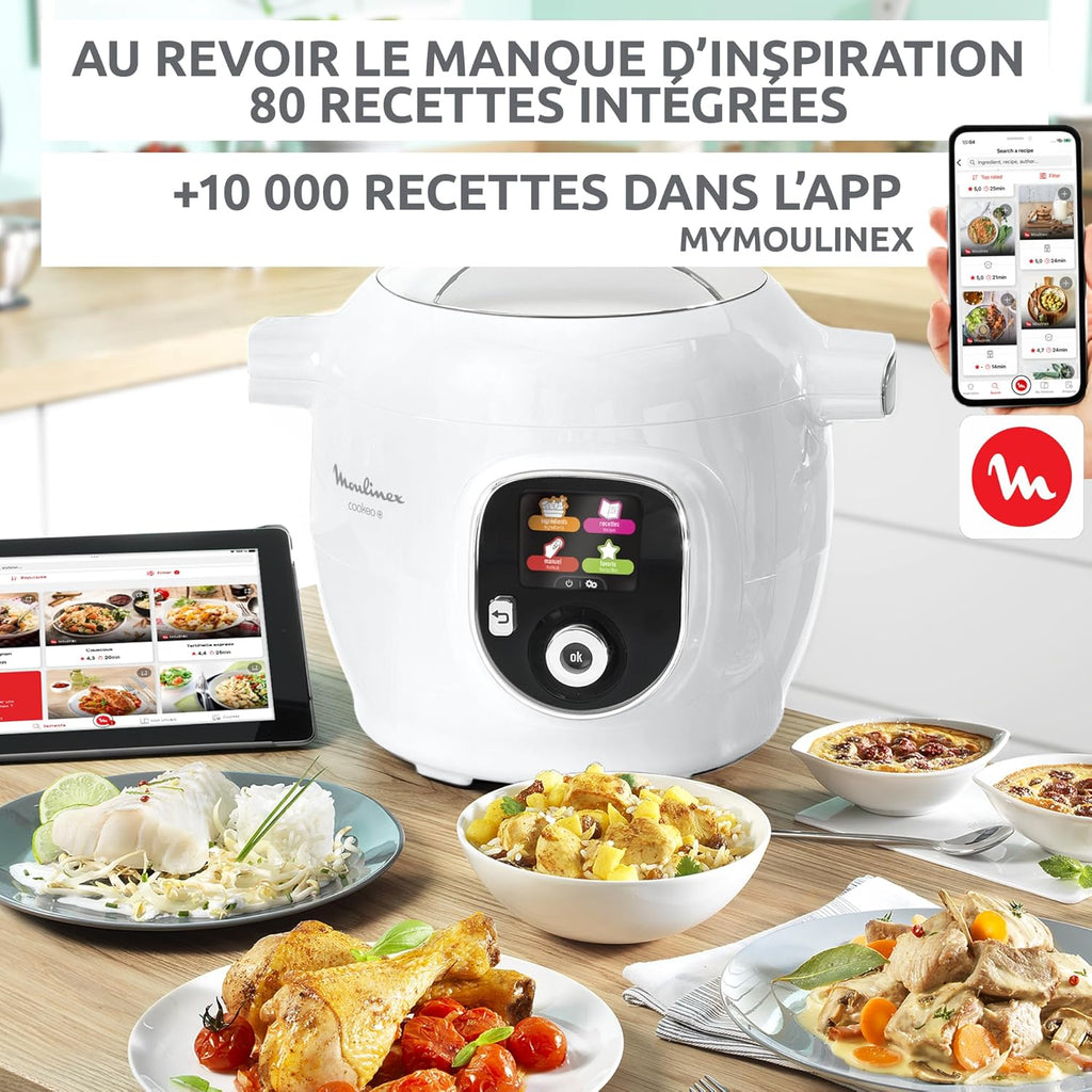Moulinex, Cookeo Multicuiseur intelligent 6L, 80 recettes intégrées, Cuisson sans surveillance, Ecran intuitif, Guide de cuisson, Application MyMoulinex, 1600W, Blanc, 15 ans réparabilité CE854110