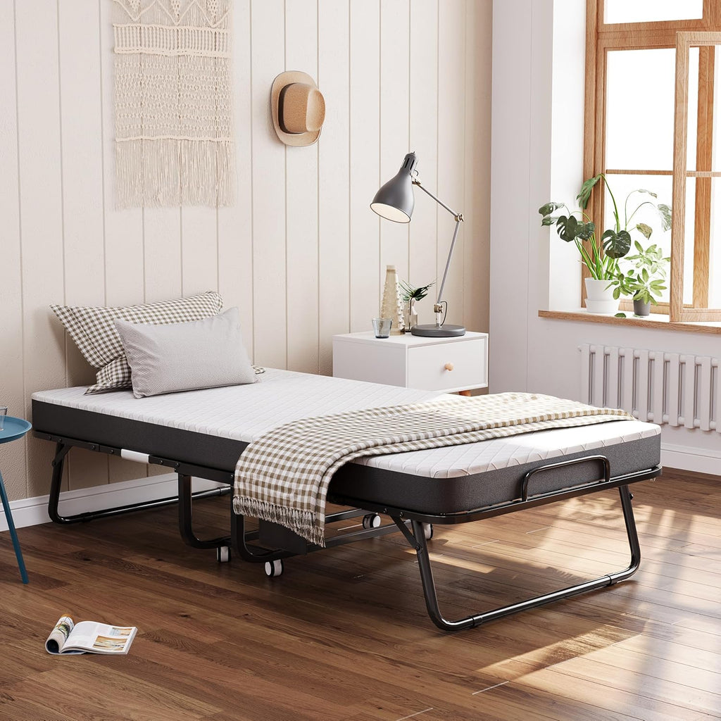 CAIYUN lit pliant 1 personne 80 × 190 cm avec matelas mousse 13 cm, sommier à lattes métal, 4 roulettes, charge 200 kg