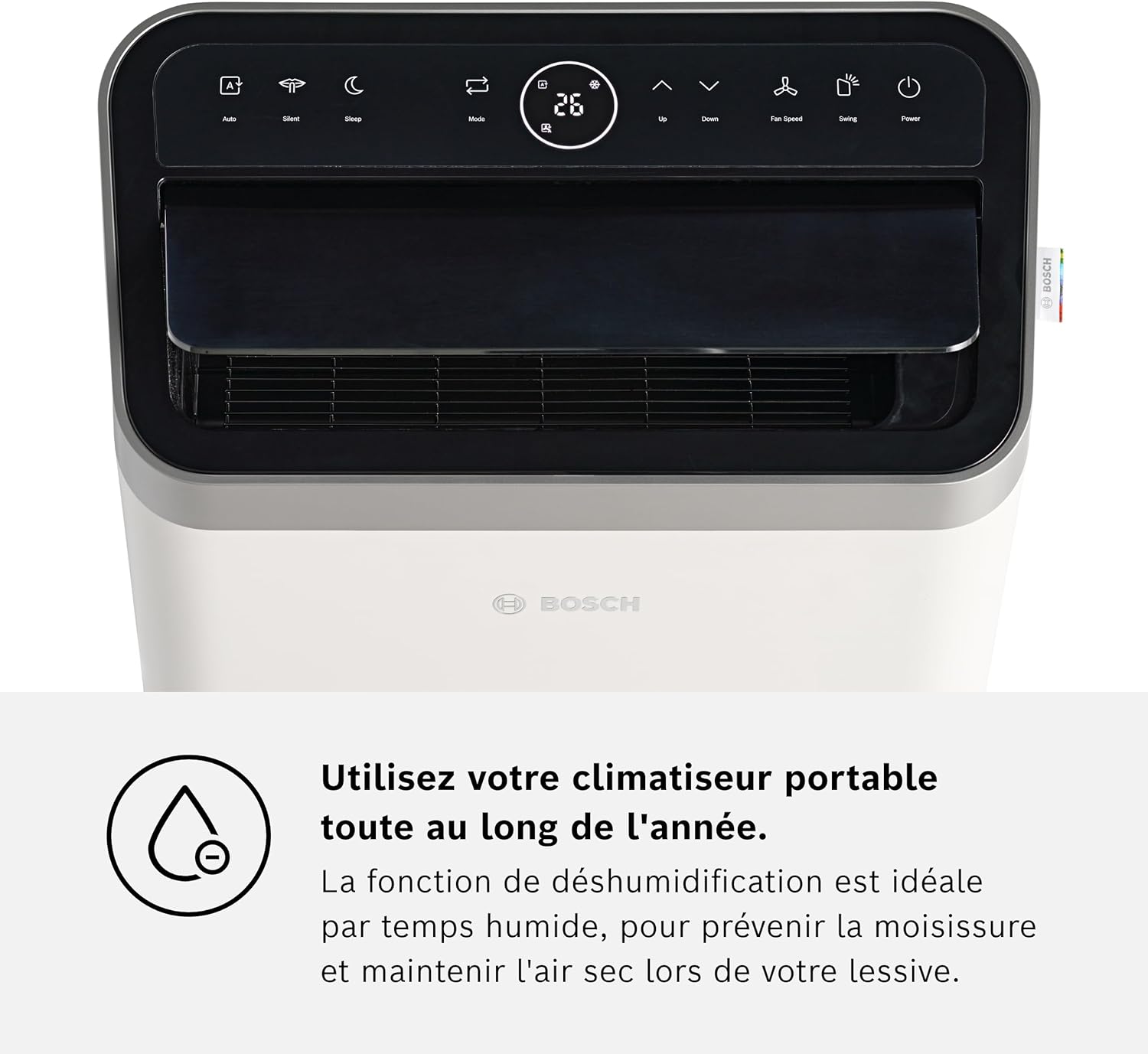 Bosch Cool 4000 Portable AC - 3 en 1 Climatiseur, Déshumidificateur, Ventilateur - 2,6 kW pour les pièces jusqu'à 35m² - Avec Mode Auto, Mode Silencieux et Mode Veille (48 db (A)) Classe A+]