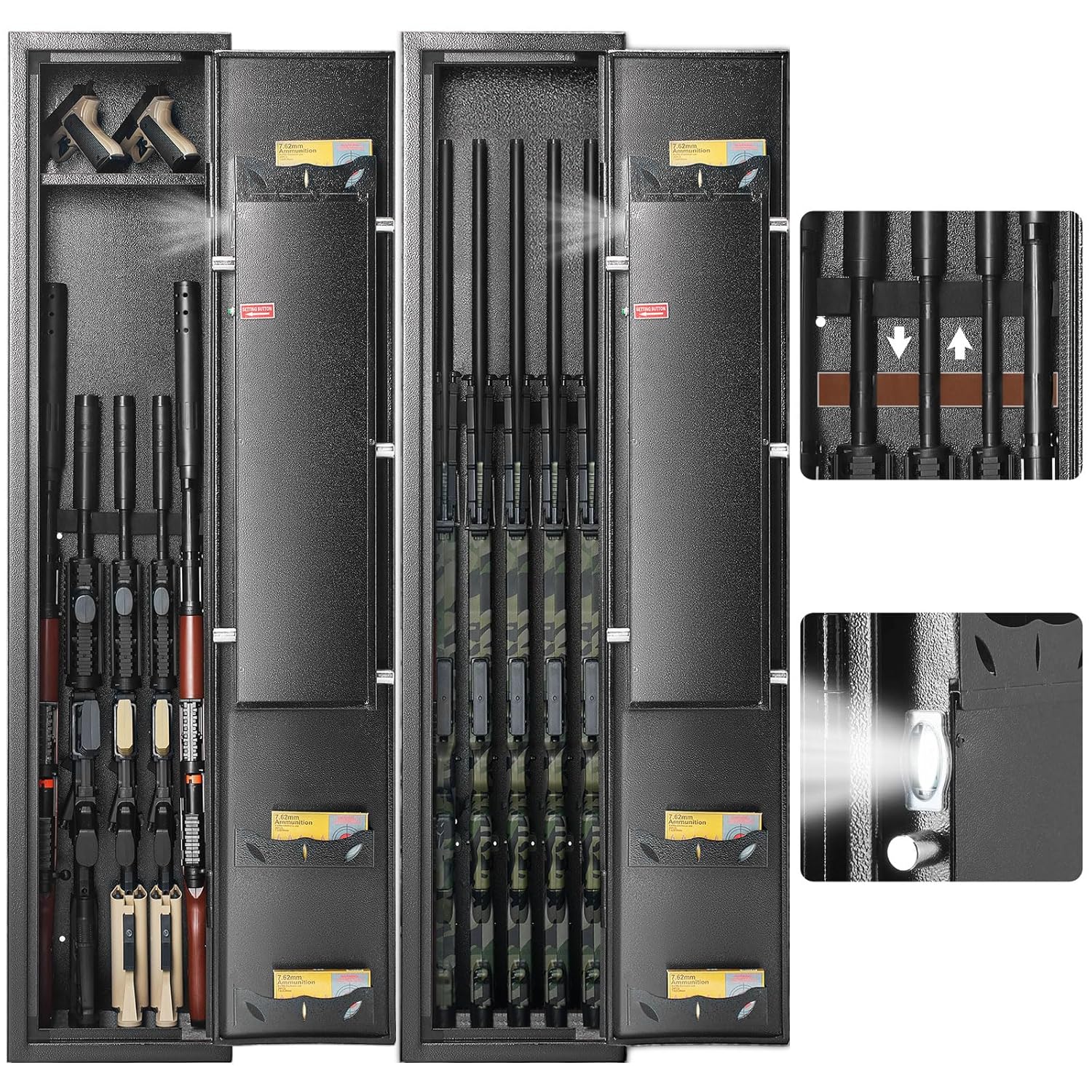 VEVOR Armoire à 5 Fusils 4 Pistolets en Acier Coffre-Fort pour Armes à Feu 2 Façons de Verrouillage Empreinte Digitale et Clé Anti-Effraction Alarme Antivol et Mode Silencieux Domicile 28x30x138 cm