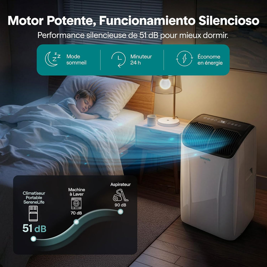 SereneLife Climatiseur Portable 14 000 BTU – Clim Mobile 3 en 1 Silencieuse avec WiFi, Déshumidificateur, Ventilation, Télécommande et Kit Fenêtre, Contrôle APP, Minuterie 24 h