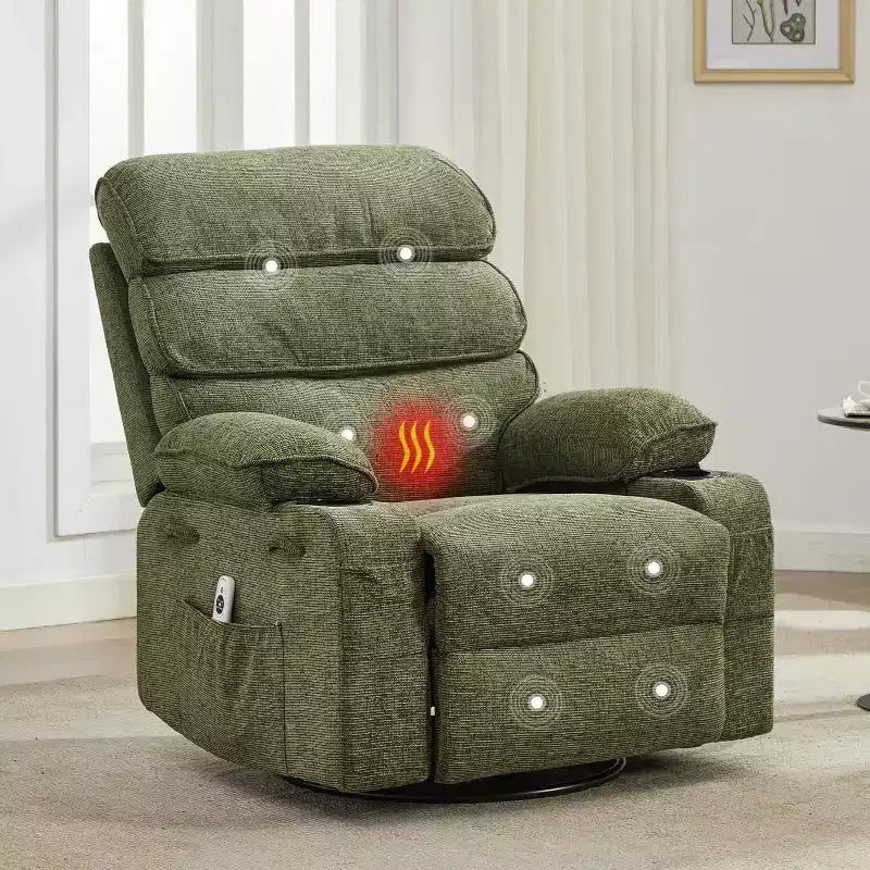 Massage Rocker Recliner with Heating, 360 Swivel Glider Recliner Chairs for Adults, Linen Nursery Chair with Side Pocket, Two Cup Holders