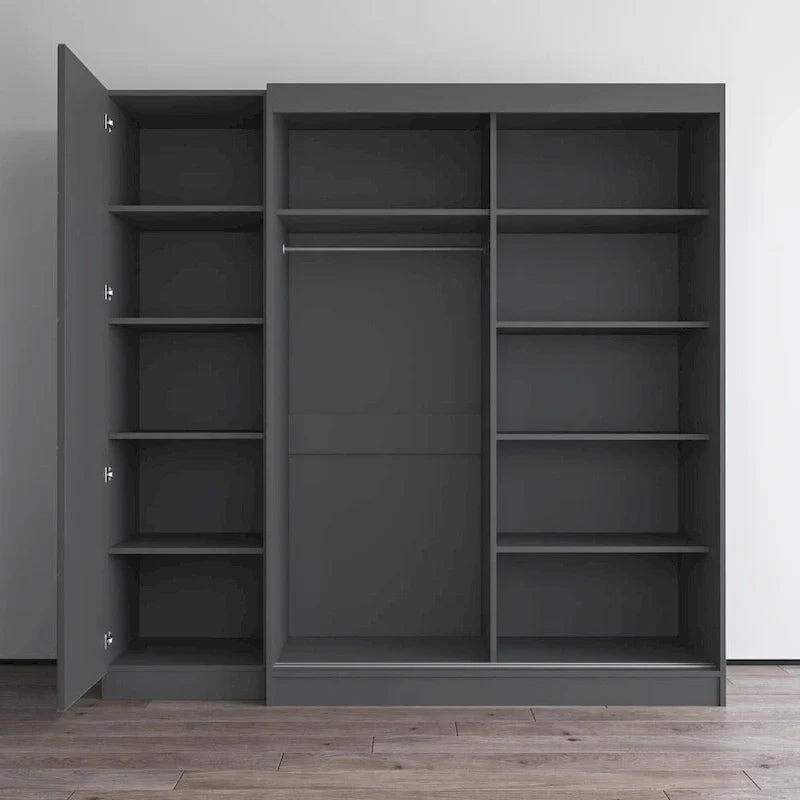 2-Door Wardrobe with Mirror, Glass Front, 2-Person (Gray / Black / White)
