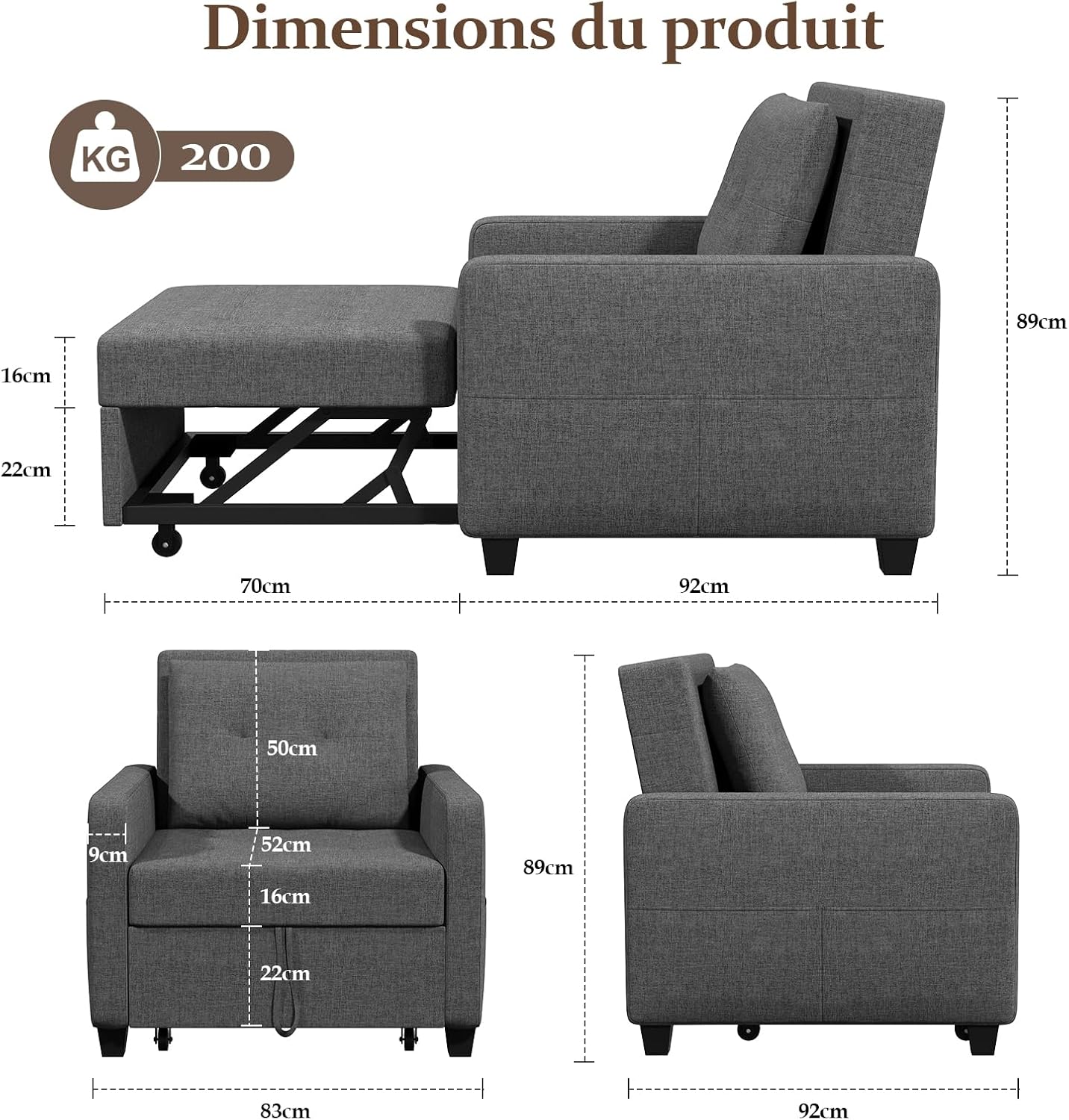 Canapé-lit Compact 3-en-1, canapé Pliant & ottomane avec Fonction lit, Fauteuil Convertible jusqu'à 200 kg, canapé-lit avec revêtement Effet Lin, Fauteuil pour Salon et Chambre d'amis, Gris foncé