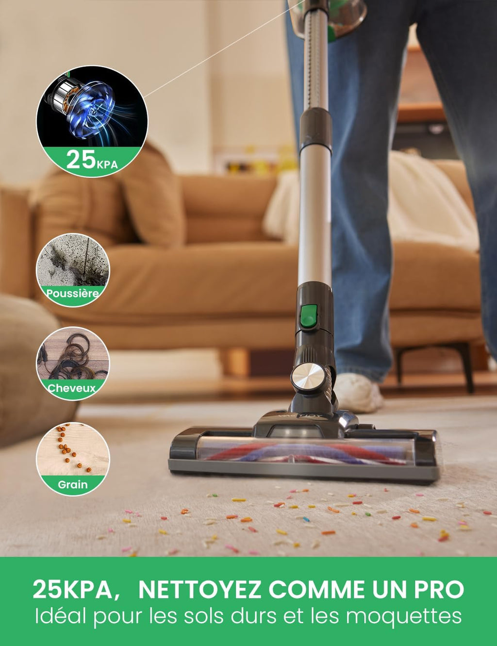 Vactidy Aspirateur sans fil, aspirateur sans fil avec batterie amovible, puissance d'aspiration 20 KPa pour sols en bois dur, jusqu'à 30 minutes d'autonomie