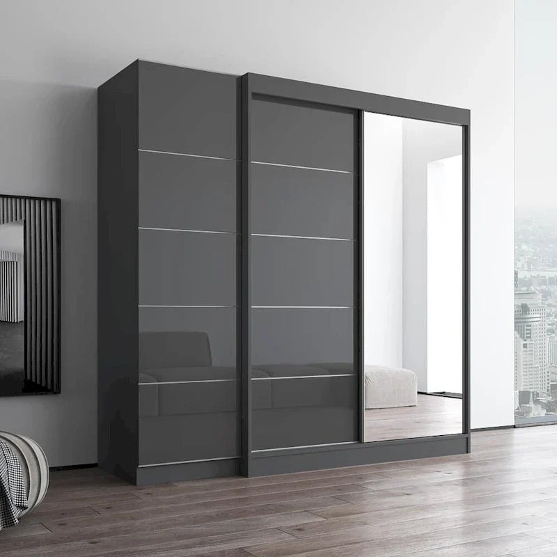 2-Door Wardrobe with Mirror, Glass Front, 2-Person (Gray / Black / White)