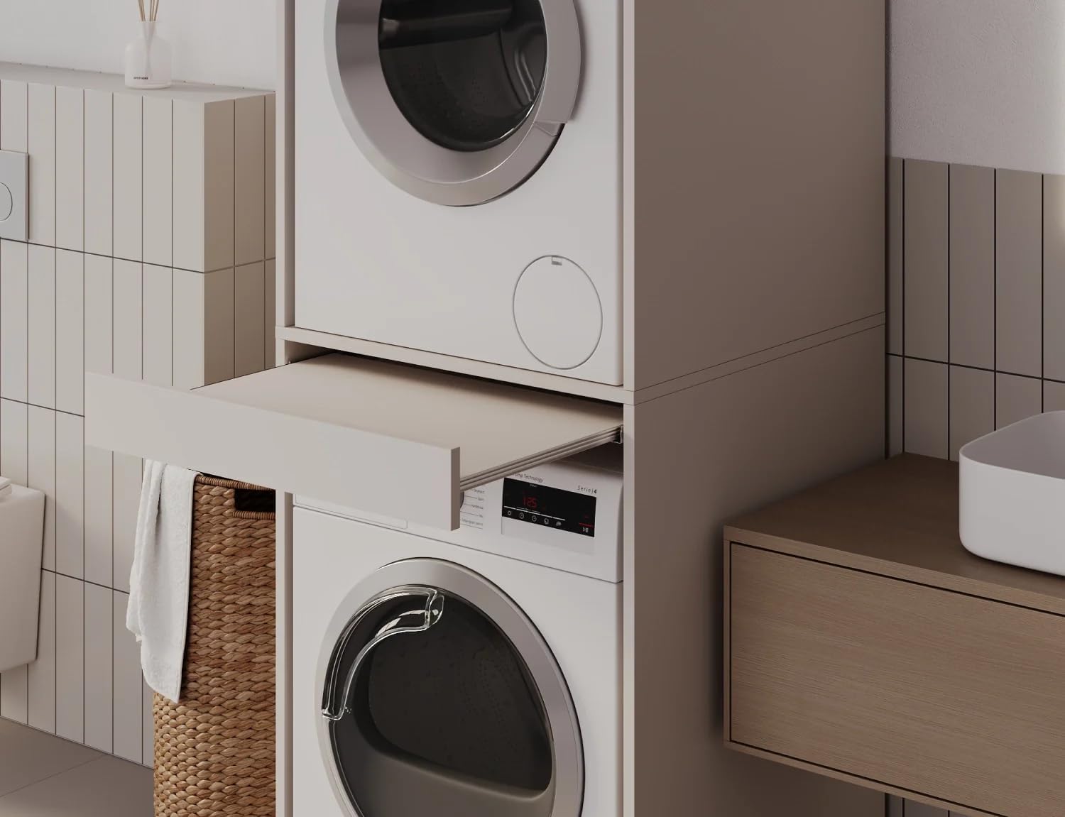PLATAN ROOM Armoire pour lave-linge et sèche-linge avec plateau coulissant 187 x 65 x 66 cm blanc