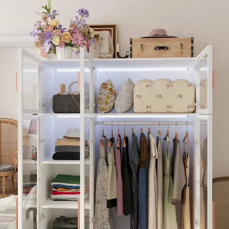 47.2 Wide Armoire LED Light All Glass Door Closet Cabinet Wardrobe