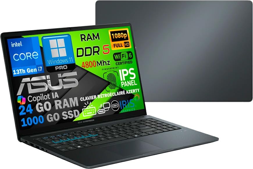 ASUS Ordinateur Portable Intel Core i7 13ᵉ Gén 10 Cœurs, RAM 24Go DDR5, SSD 1To, Écran 15.6" FHD IPS, WiFi 6E, Copilot IA, Webcam 1080p, Clavier AZERTY Rétroéclairé, Empreinte Digitale, Win 11 Pro