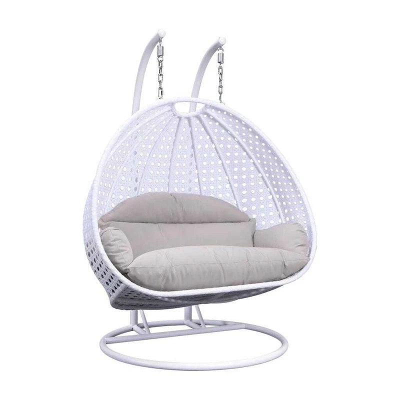 Egg-Shaped Hanging Swing Chair with Metal Stand, Wicker Frame & Cushion �C Beige / Charcoal Blue / White / Blue / Antique White / Brown / Canvas, Seats 2