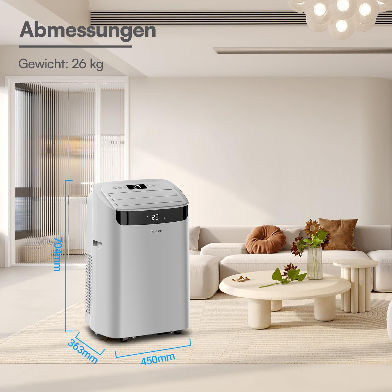 BE COOL Climatiseur mobile 12000 BTU avec chauffage et Wi-Fi, silencieux grâce à l'onduleur, climatiseur mobile 4 en 1 avec déshumidificateur et ventilateur, pour pièces jusqu'à 42 m², gris