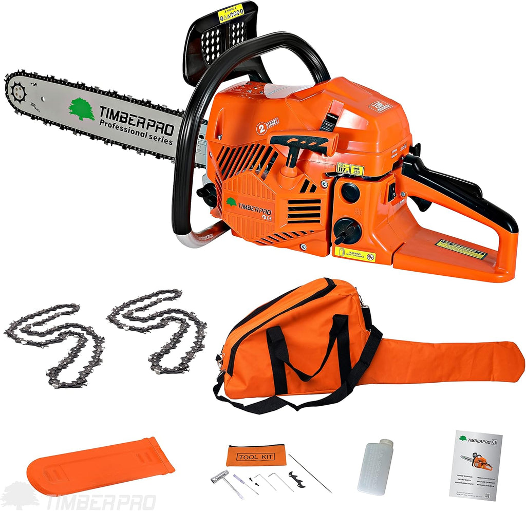 TRONÇONNEUSE THERMIQUE 61,5 CM³, PUISSANCE 3,6 CV, GUIDE 50 CM + 2 CHAINES