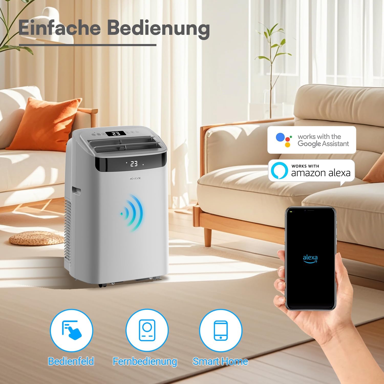 BE COOL Climatiseur mobile 12000 BTU avec chauffage et Wi-Fi, silencieux grâce à l'onduleur, climatiseur mobile 4 en 1 avec déshumidificateur et ventilateur, pour pièces jusqu'à 42 m², gris