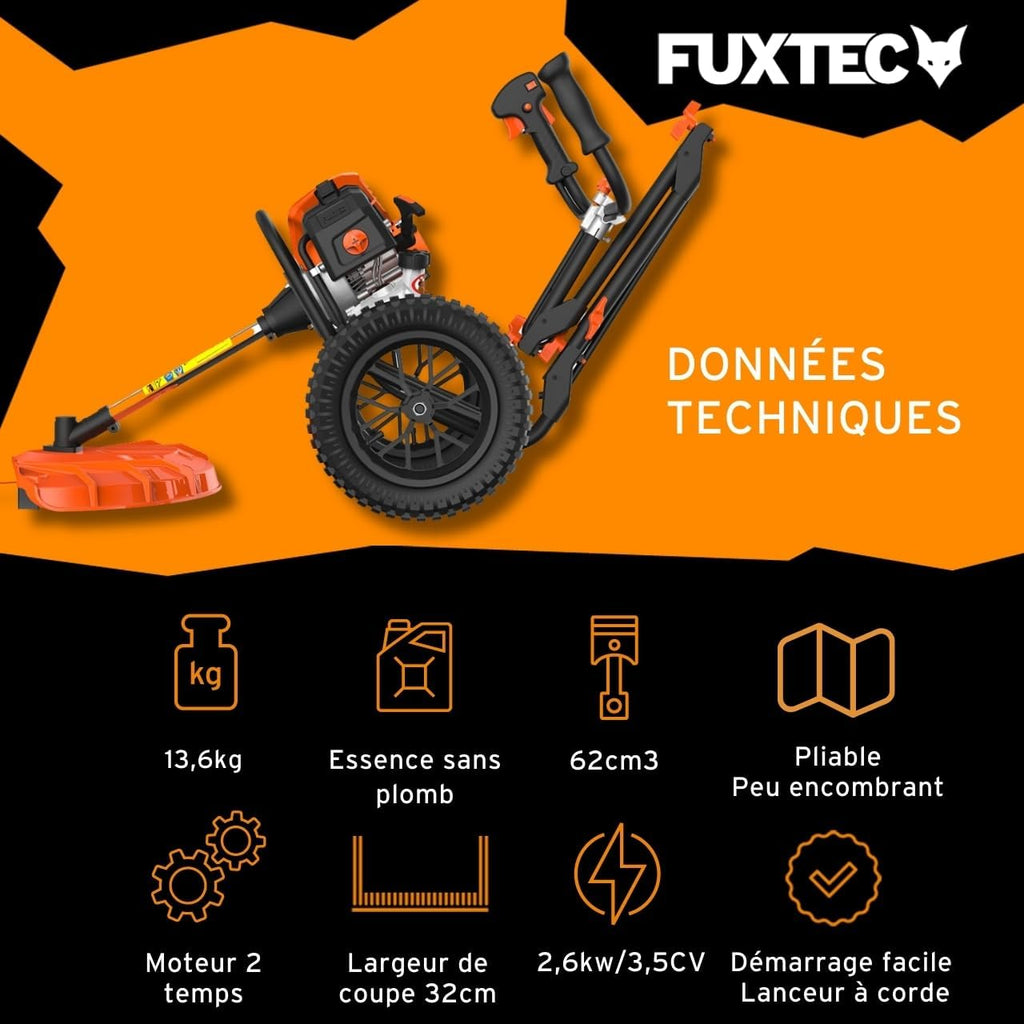 Fuxtec Débroussailleuse Thermique Coupe Bordure à Roues FX-FSR162 62cm3 Bobine de Fil, Ultra Maniable, Spécialement Conçue pour Les Grands Terrains et Protéger Votre Dos