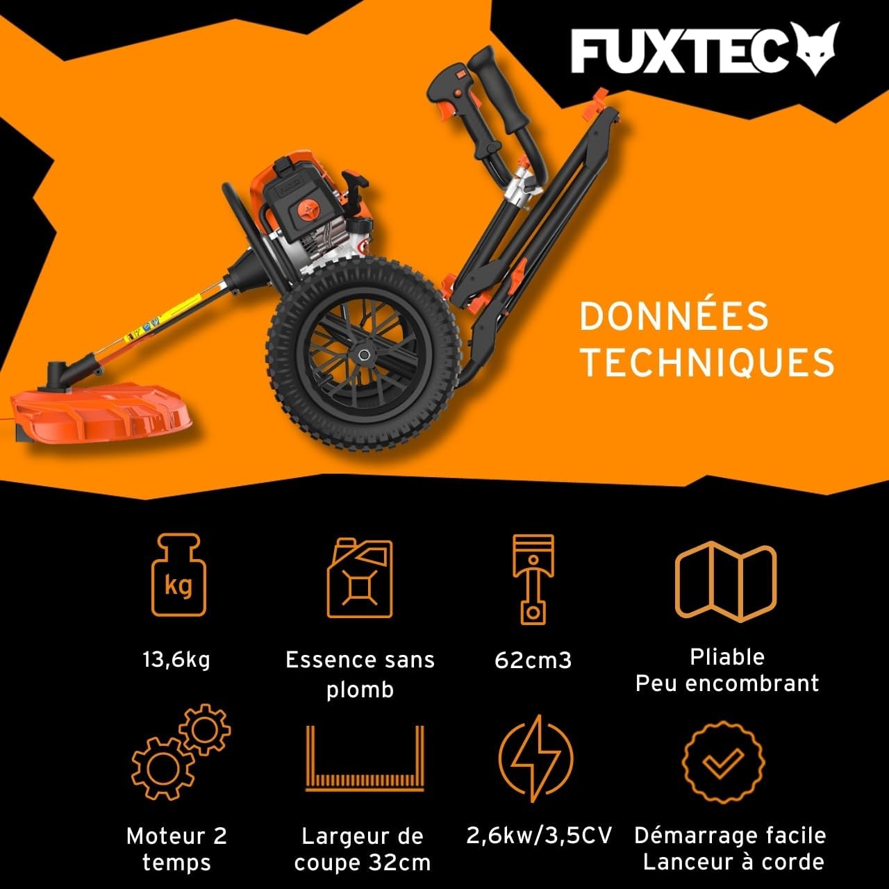 Fuxtec Débroussailleuse Thermique Coupe Bordure à Roues FX-FSR162 62cm3 Bobine de Fil, Ultra Maniable, Spécialement Conçue pour Les Grands Terrains et Protéger Votre Dos